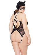 Cat (woman), teddy costume, stretch lace, deep neckline, crossing straps